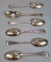 Group of six 18th century Irish silver Rat Tail table spoons, all with Dublin hallmarks, maker's