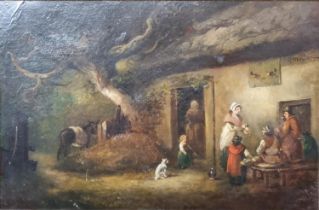 Follower of George Morland (British 19th century), figures outside a country Inn with donkey, dog