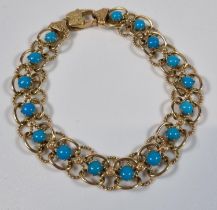 14ct gold sixteen stone turquoise bracelet. 13g approx. 19cm long approx. (B.P. 21% + VAT)