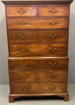 George III mahogany chest on chest, the moulded cornice above an arrangement of two short and