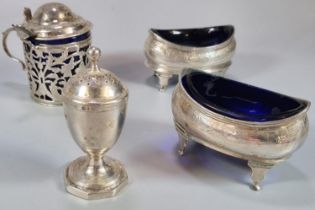 Collection of 19th century silver condiments to include: pair of boat shaped salts, mustard pot