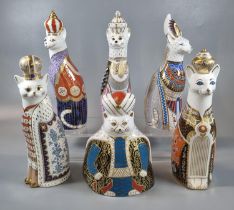 Set of six Royal Crown Derby English fine bone china 'Royal Cats' paperweights, to include: Russian,