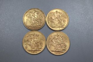 Three George V gold full Sovereigns dated 1912, 1913 and 1914, together with an Edward VII gold full