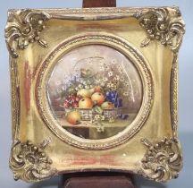 Royal Worcester porcelain circular plaque, hand painted with basket of fruit an flowers, signed 'R
