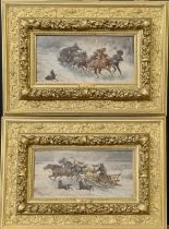 J Orloff (Russian, 19th century), Winter scenes with galloping Troika, a pair, signed. Oils on