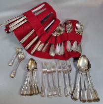 Set of Victorian Georgian design fiddle and thread pattern silver cutlery comprising: eighteen