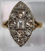 18ct gold Art Deco design Marquis shaped fifteen stone diamond ring, with central baguette cut