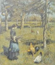 Attributed to Will Evans (Welsh, 1888-1957), young girl feeding chickens in an orchard. Oils on