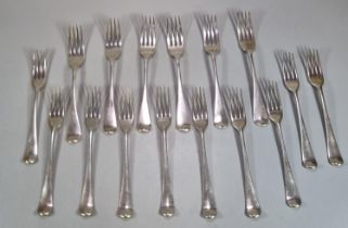 Group of assorted Old English design silver dessert forks, mainly late Georgian with London