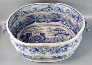 19th century Staffordshire blue and white transfer printed two handled foot bath, 'Castle Gate