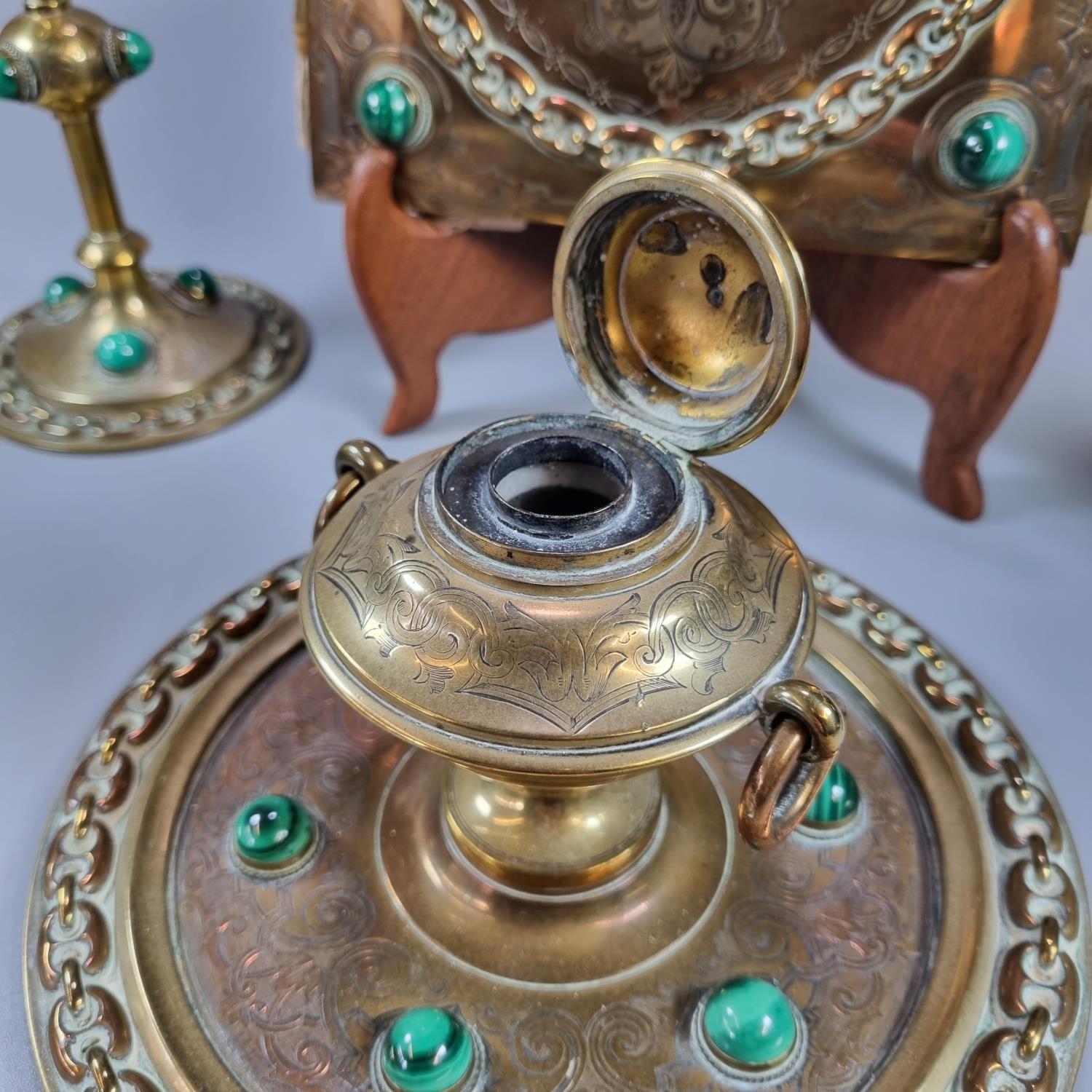 G Betjemann & Sons, a collection brass Arts & Crafts desk items, to include: pair of candlesticks, - Image 2 of 3