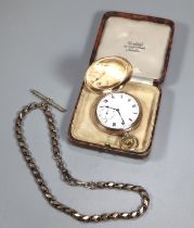 9ct gold full hunter keyless top wind pocket watch, having white enamel face with Roman numerals and