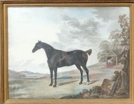After Stubbs (19th century), equestrian study of a black hunter in an expansive landscape.