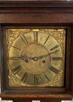 18th century brass faced cottage long cased clock marked 'J Bayley, Uttoxeter', the case with flat