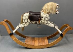Vintage child's Carousel type wooden rocking horse painted in dapple grey with horsehair, painted