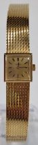 Omega 18ct gold square faced ladies bracelet wristwatch, the gold satin face with baton numerals