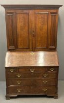 18th century pollard oak and burr walnut two stage bureau bookcase, the moulded and dental cornice