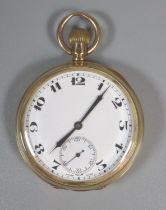 9ct gold open faced keyless top wind pocket watch, having white enamelled face with Arabic