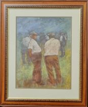 Aneurin M Jones (Welsh, 1930 - 2017), farmers in conversation at a sale, signed. Acrylic. 50x39cm