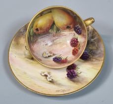 Royal Worcester porcelain demi-tasse hand painted by W Hart with fruits and berries. Puce printed