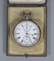 Silver open faced keyless top wind split second chronograph pocket watch, the white enamel face with