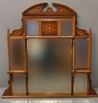 19th century rosewood and marquetry inlaid over mantle mirror having fixed shelves and an