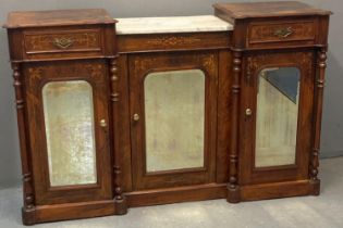 Victorian walnut marquetry inlaid credenza, the central white veined marble top above three mirrored
