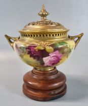 Royal Worcester two handled potpourri vase and pierced cover, overall hand painted with roses and