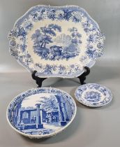 Early 19th century Spode blue and white transfer printed oval twin handled platter in the 'Aesop's