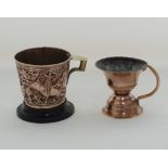 A Greek copper tankard with brass lug and spool handle