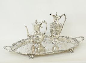A silver plated serving tray with coffee pot and claret pitcher