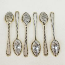 A set of six niello silver tea spoons