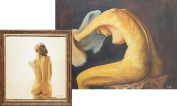 Two oil paintings depicting nudes