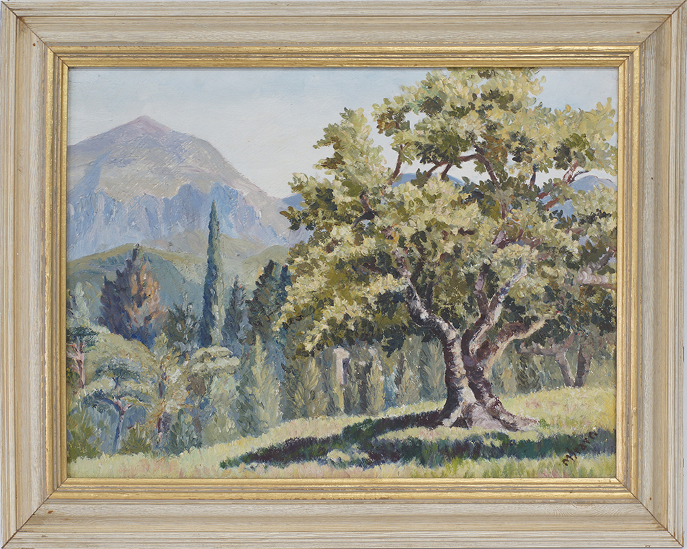 A painting with a mountainous landscape