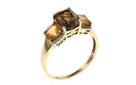 Ring 4.07g 585/- Gelbgold mit 12 Diamanten zus. ca. 0.12 ct.. Citrinen und Rauchquarz. Ringgroesse c