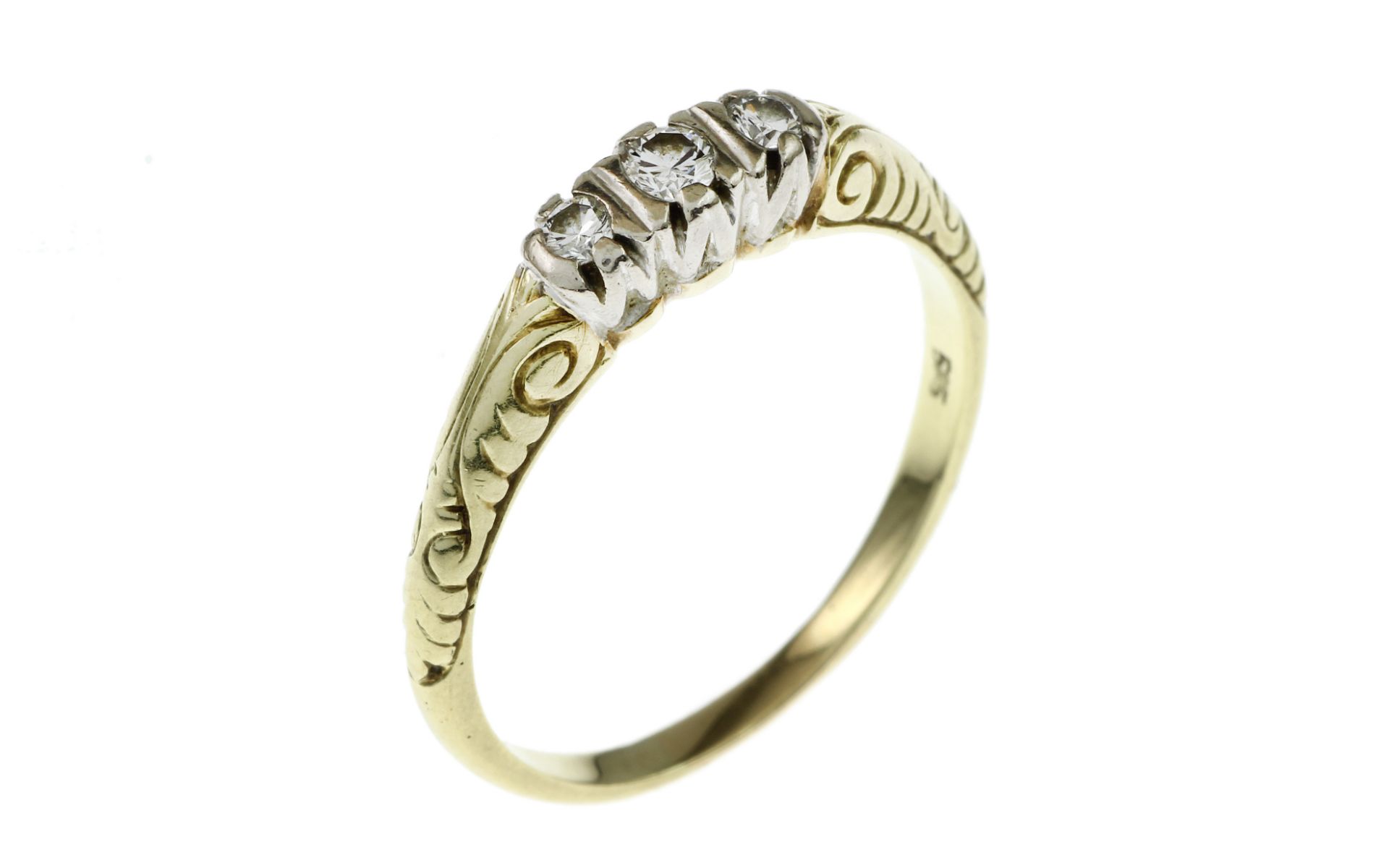 Ring 3.47g 585/- Gelbgold und Weissgold mit 3 Diamanten zus. ca. 0.11 ct.. Ringgroesse ca. 57