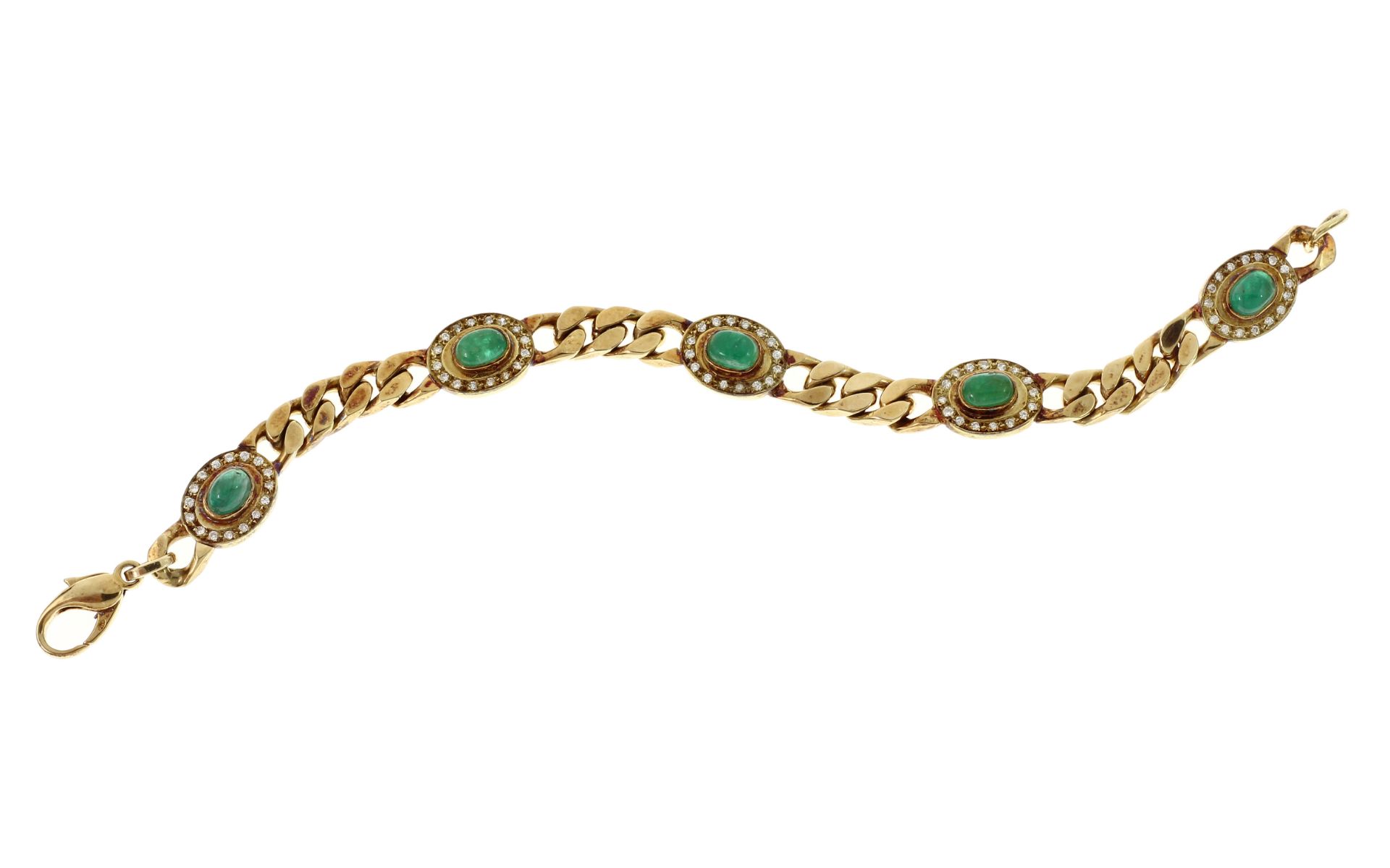 Armband 29.88g 585/- Gelbgold mit 80 Diamanten zus. ca. 1.20 ct. und Smaragden. Laenge ca. 19.50 cm