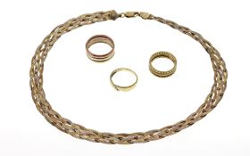 3 Ringe 6.79g 333/- und 375/- Gold und 1 Collier 17.61g 925/- Silber vergoldet