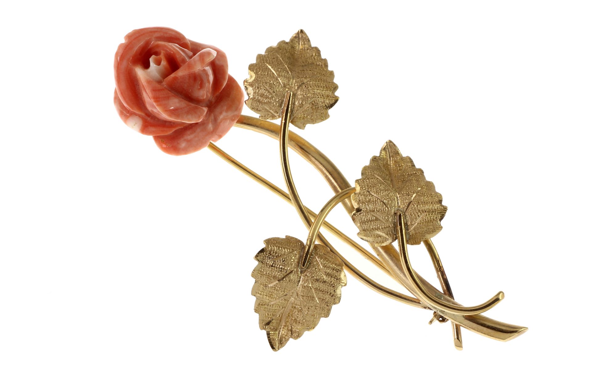 Brosche Rose 11.49g 750/- Gelbgold mit Engelskoralle