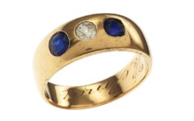 Ring 6.33g 585/- Gelbgold mit Diamant ca. 0.18 ct. und Saphiren. Ringgroesse ca. 56. mit Gravur