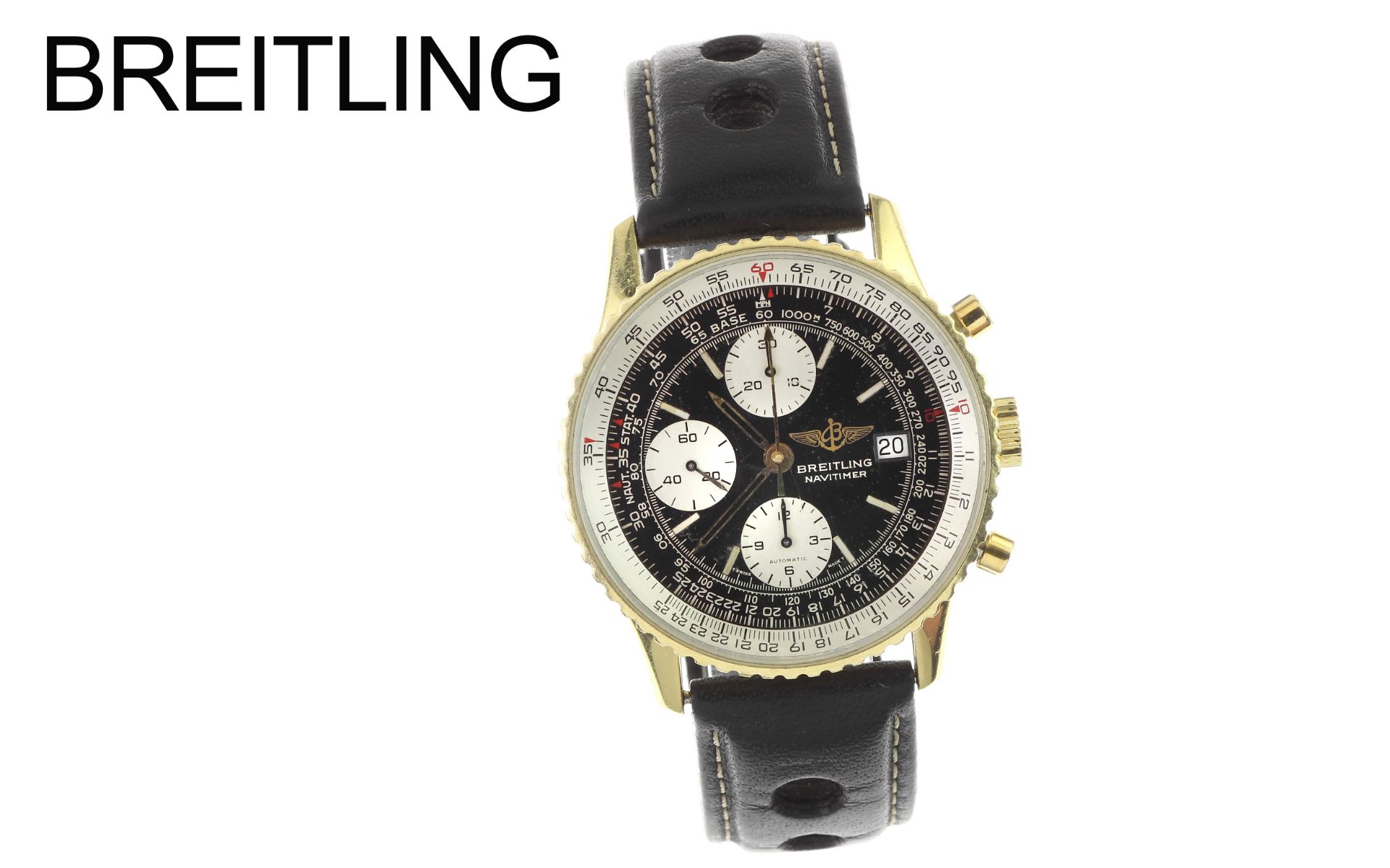 Breitling Navitimer Chronograph 750/- Gelbgold Automatik mit Lederband und Edelstahl Schliesse vergo