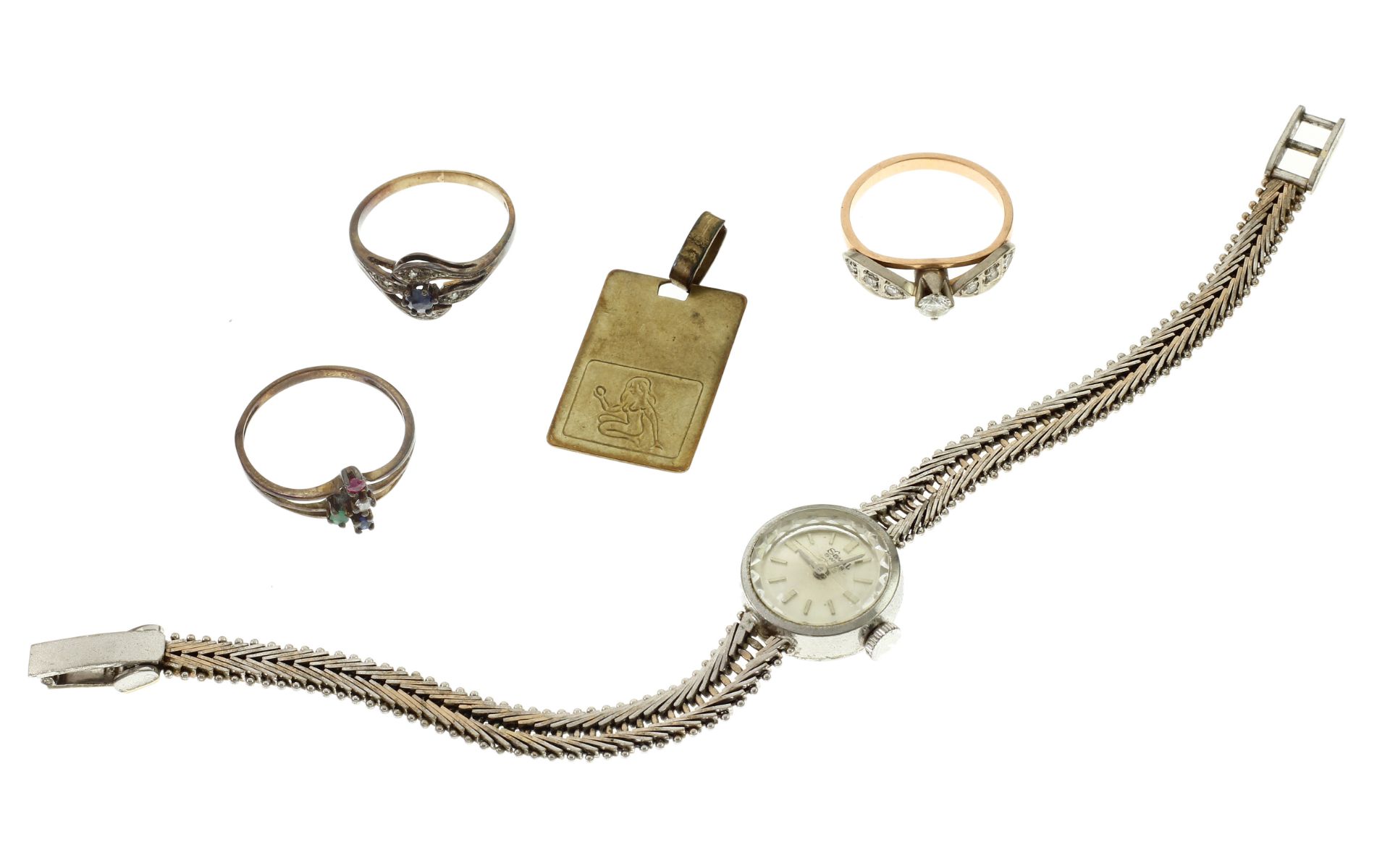 3 Ringe 1 Anhaenger. 1 Damenarmbanduhr 28.22g 333/- und 585/- Gold mit 7 Diamanten zus. ca. 0.26 ct.