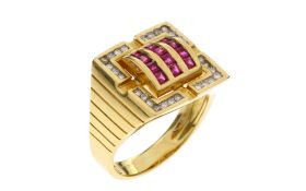 Ring 10.62g 750/- Gelbgold mit 28 Diamanten zus. ca. 0.42 ct. und Rubinen. Ringgroesse ca. 60