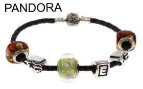 Pandora Lederarmband mit Charms 23.78g 925/- Silber und Steinen