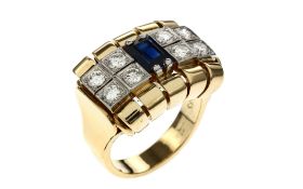 Ring 14.29g 585/- Gelbgold und Weissgold mit 8 Diamanten zus. ca. 0.40 ct. und Saphir. Ringgroesse c