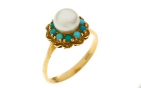 Ring 3.15g 750/- Gelbgold mit Tuerkis und Perle. Ringgroesse ca. 53