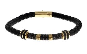 Stoffarmband mit Goldteilen und Steinen 11.97g 585/- Gelbgold. Laenge ca. 19.50 cm