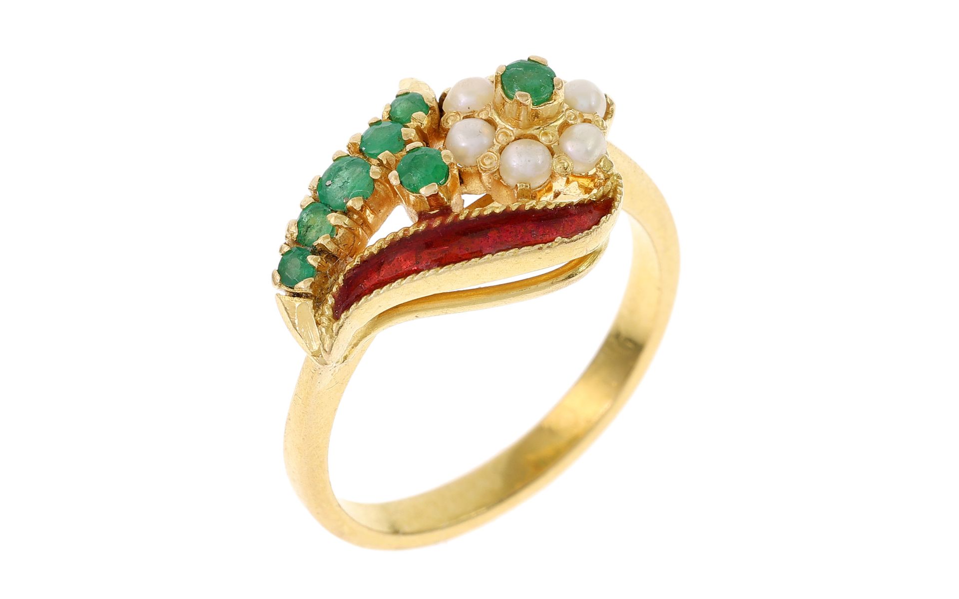 Ring 4.03g 750/- Gelbgold mit Smaragden. Perlen und Emaille. Ringgroesse ca. 49