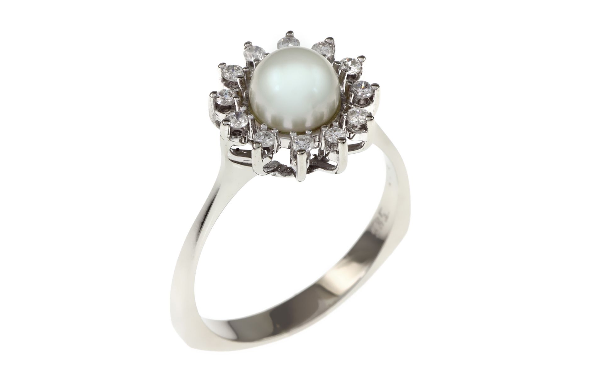 Ring 4.11 gr. 585/- Weissgold mit Diamanten 0.24 ct und Suesswasser-Zuchtperle Ringgroesse 60