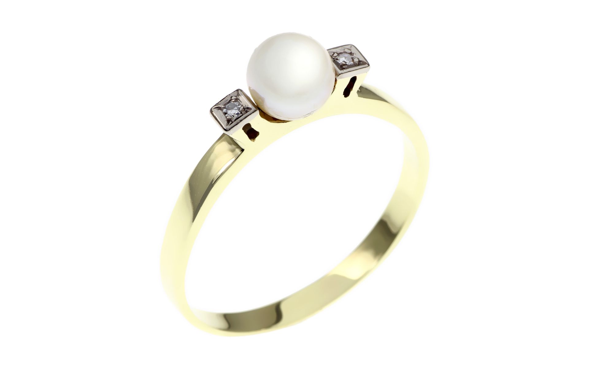 Ring 3.28 gr. 585/- Gelbgold und Weissgold mit Diamanten und Suesswasser-Zuchtperle Ringgroesse 63